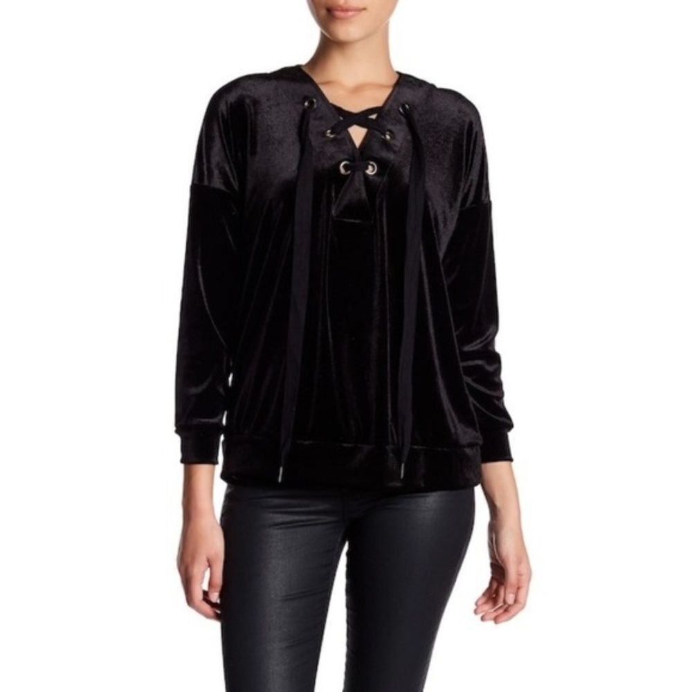 BOBEAU Black Lace-Up Velvet Pullover Sweater 2X